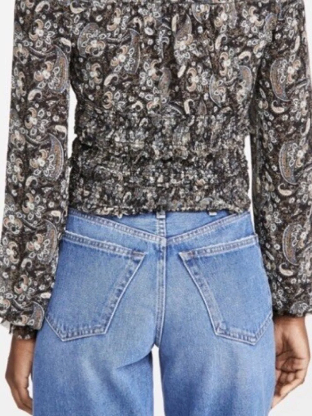 Free People Lolita Paisley Peasant Blouse Dark Combo Smocked Boho Top *M